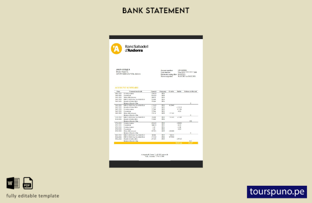 Plantilla de extracto bancario de Andorra BancSabadell d'Andorra lista para impr